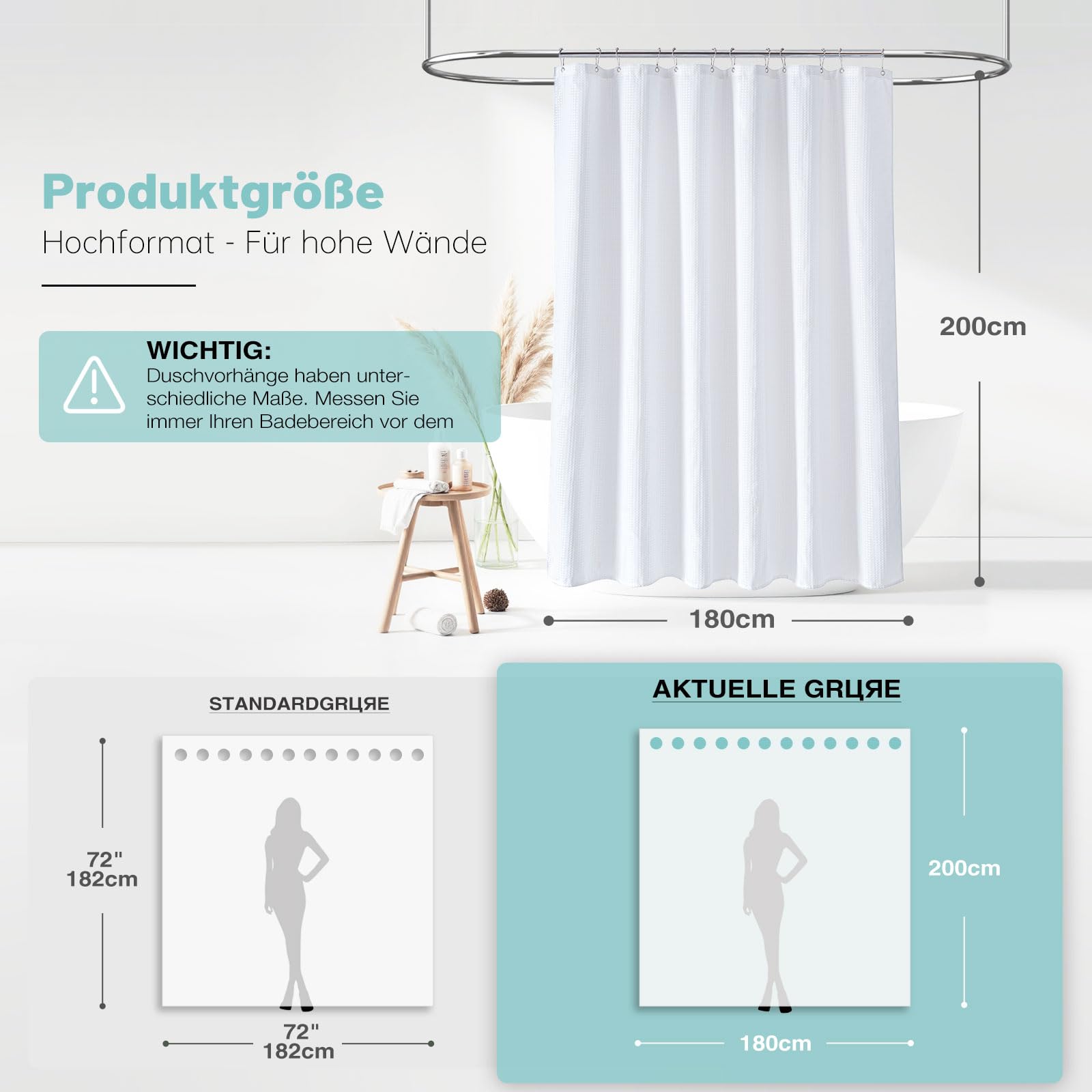 BTTN Tenda Doccia a Nido d'Ape Bianca 180x200 cm, Tessuto Antimuffa Impermeabile Extra Resistente con 12 Ganci, Lusso Moderno Lavabile con Orlo Ponderato in Poliestere Decorativo per Bagno