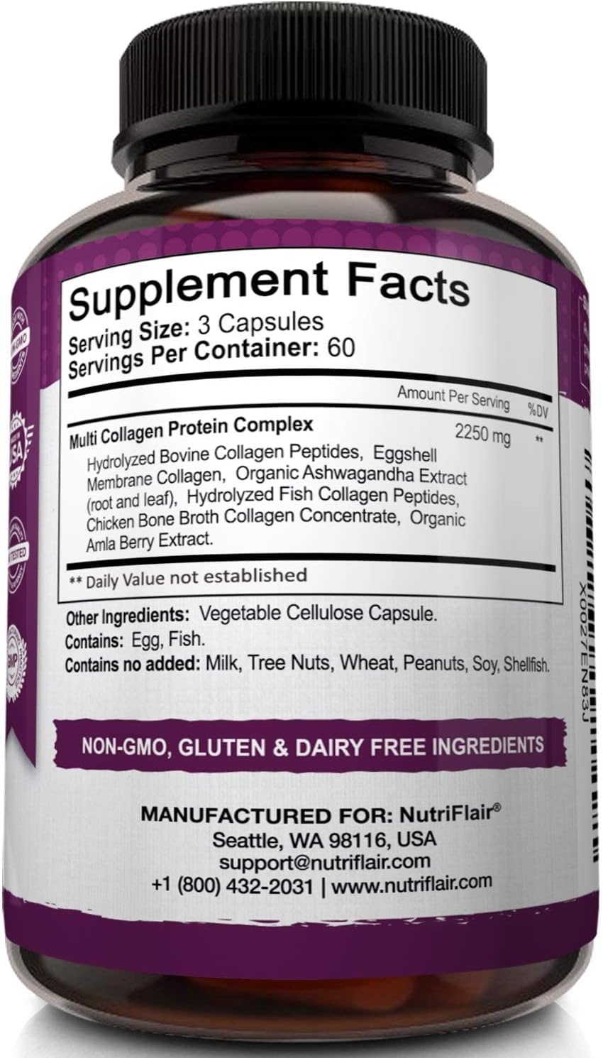NutriFlair Multi Collagen Peptides Pills 2250MG, 180 Capsules - Type I, II, III, V, X - Premium Collagen Complex - Hydrolyzed Protein Supplement for Anti-Aging, Healthy Joints, Hair, Skin, and Nails : Health & Household