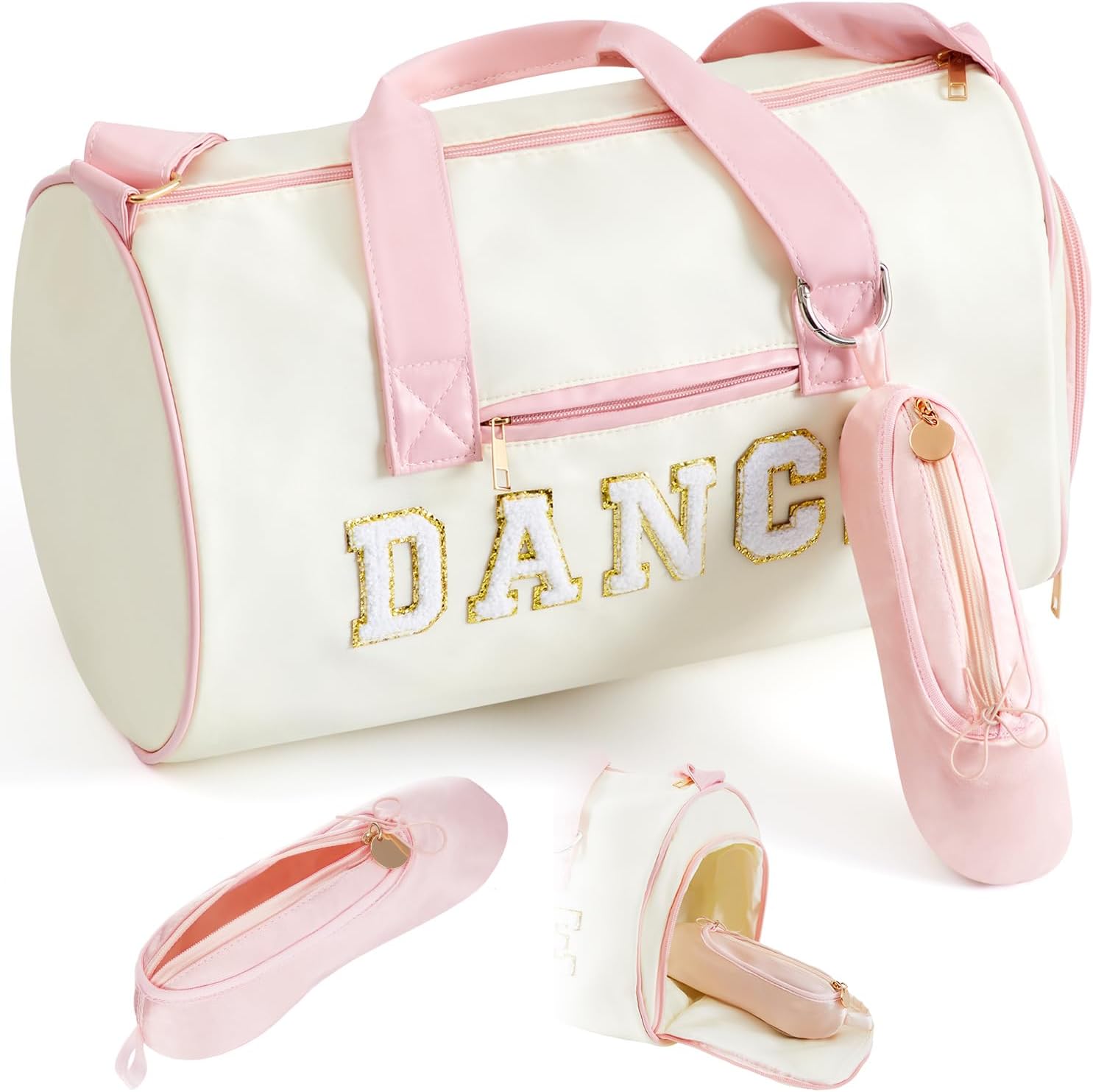Geetery 2 Pcs Dance Ballet Bag and Ballet Shoe Makeup Bag for Girls, Waterproof Travel Duffel with Chenille Letter, Ballerina Dancer Gifts for Sport Gym Athletes Travel