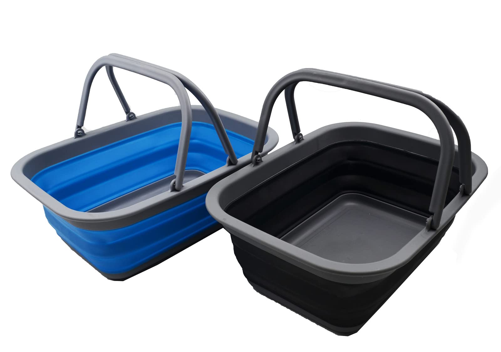 SAMMART Bañera plegable de 9.2 L con asa, cesta portátil de picnic al aire libre, bolsa de compras plegable, contenedor de almacenamiento para ahorrar espacio (negro y azul, 2)