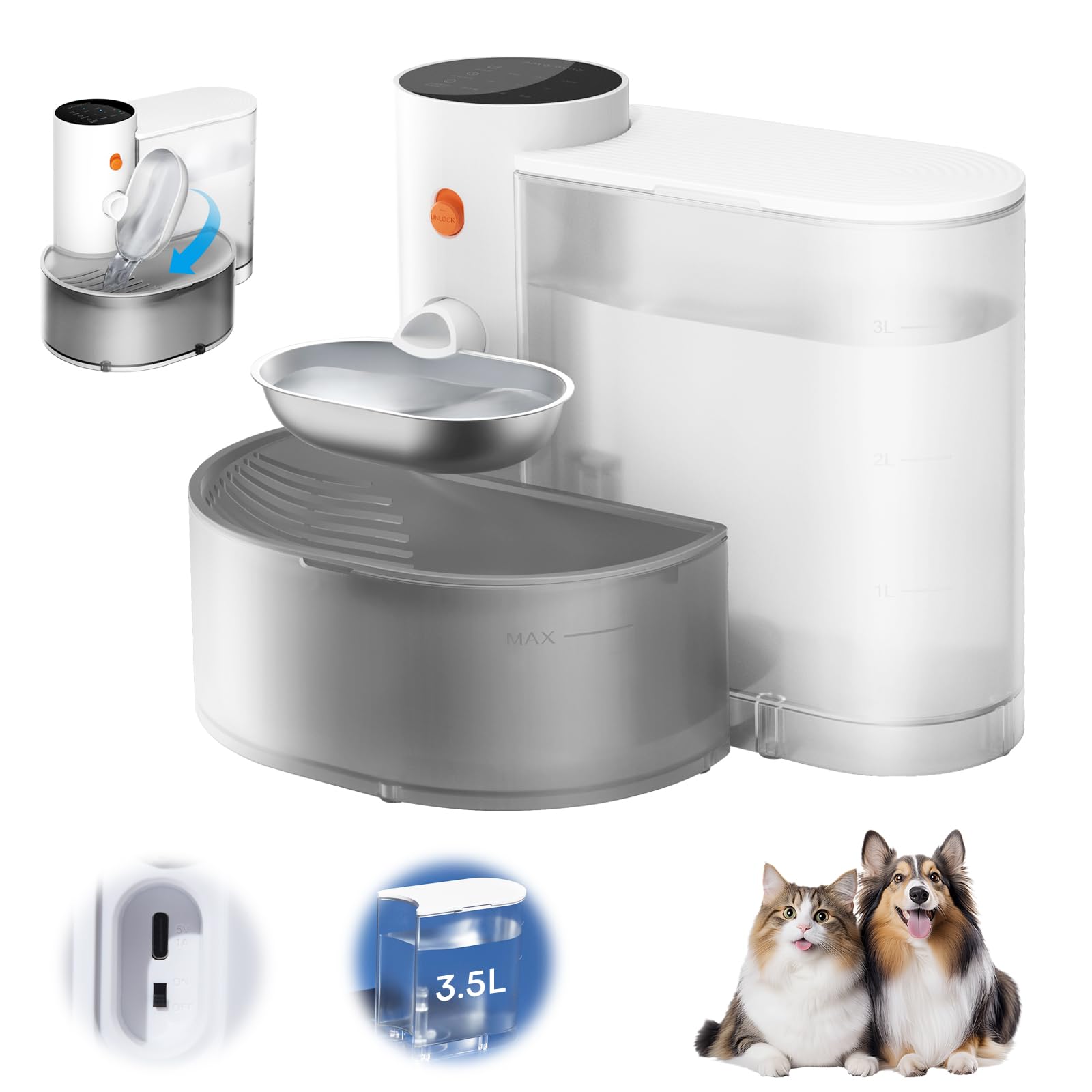 Water Fountain for Cats Dogs 3.5L, Wireless with 3 Levels of Time Interval and Volume Water Dispenser for Cats Automatic Drainage, No Filters (304 Stainless Steel)