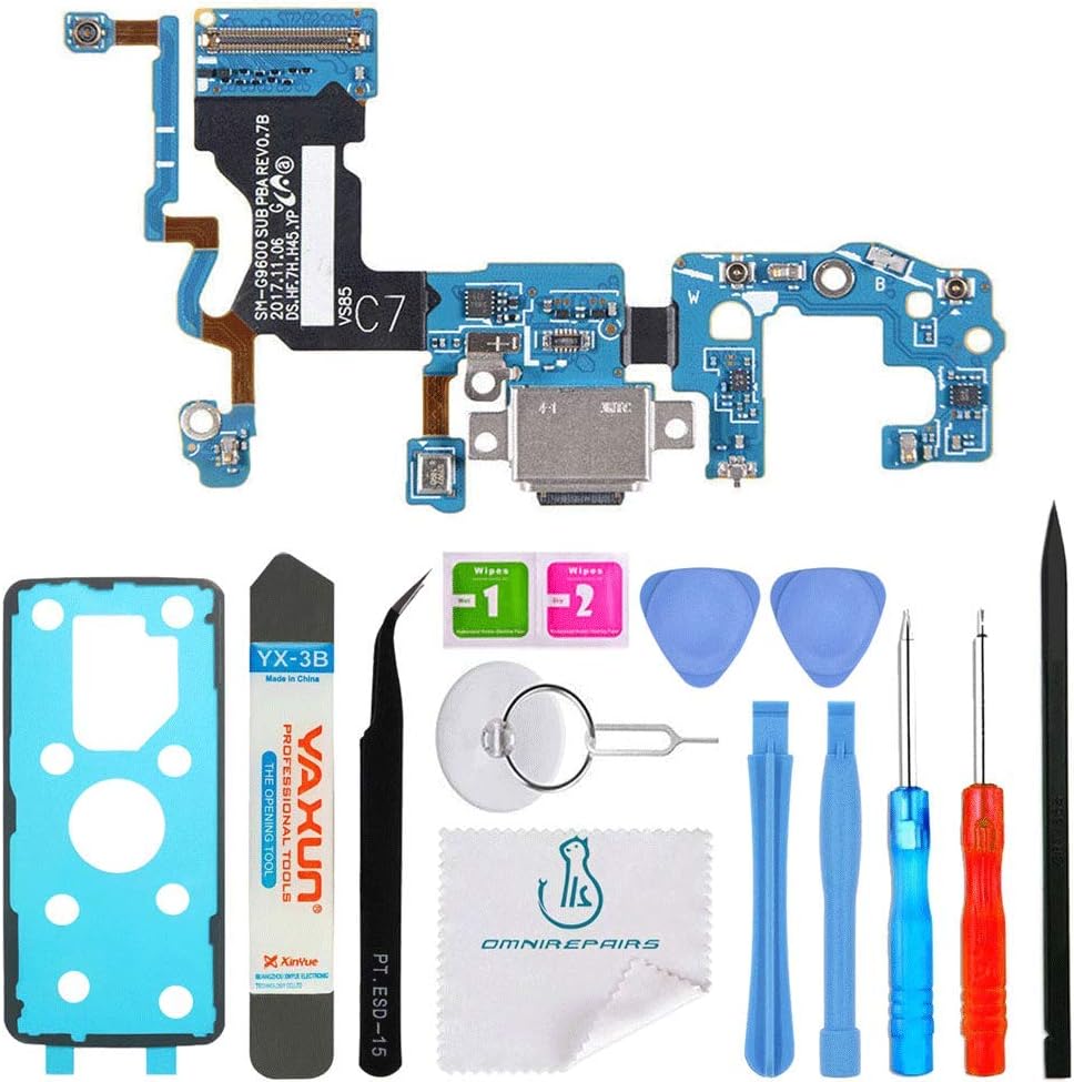 OmniRepairs Charging USB Dock Port Flex Cable Replacement with Microphone and Coaxial Antenna Compatible for Samsung S9 Model (G960F) Adhesive and Repair Toolkit (International)