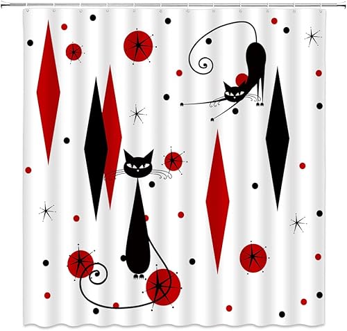 Miniatura 15 de GCTNBJL Cortina de ducha geométrica moderna de mediados de siglo, gato negro, estrellas atómicas, abstracto, rosa, negro, geométrico, retro, de los