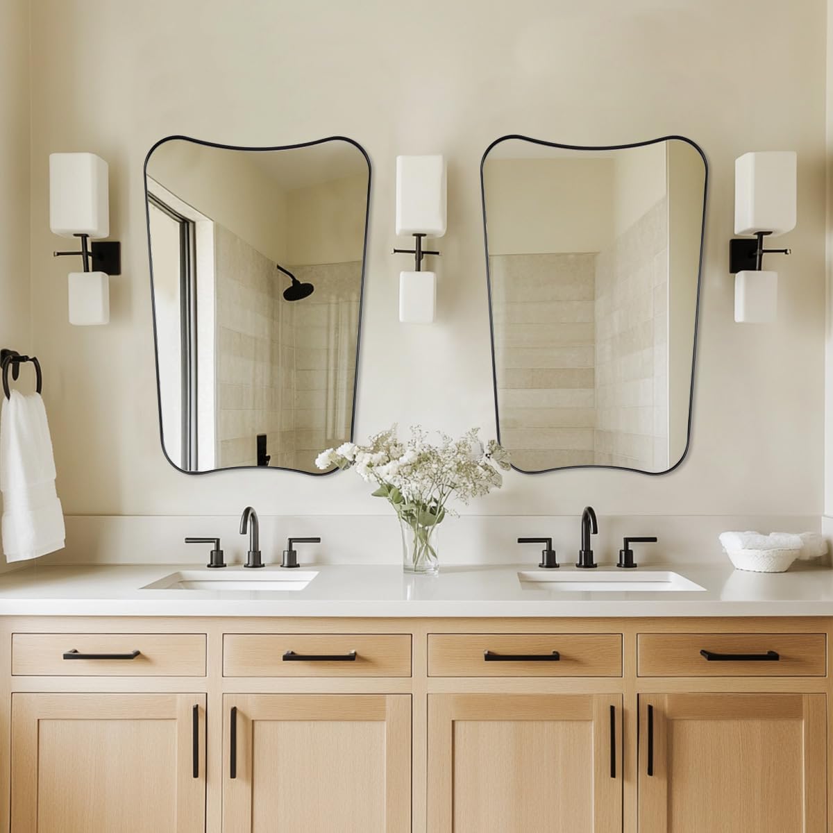 MIRRORART Black Irregular Wall Mirrors 24x36 Inch, Asymmetrical Bathroom Mirrors Butterfly Shaped Concave Top in 1’’ Stainless Steel Metal Frame for Bathroom Home Decor Wall Mount Vertical