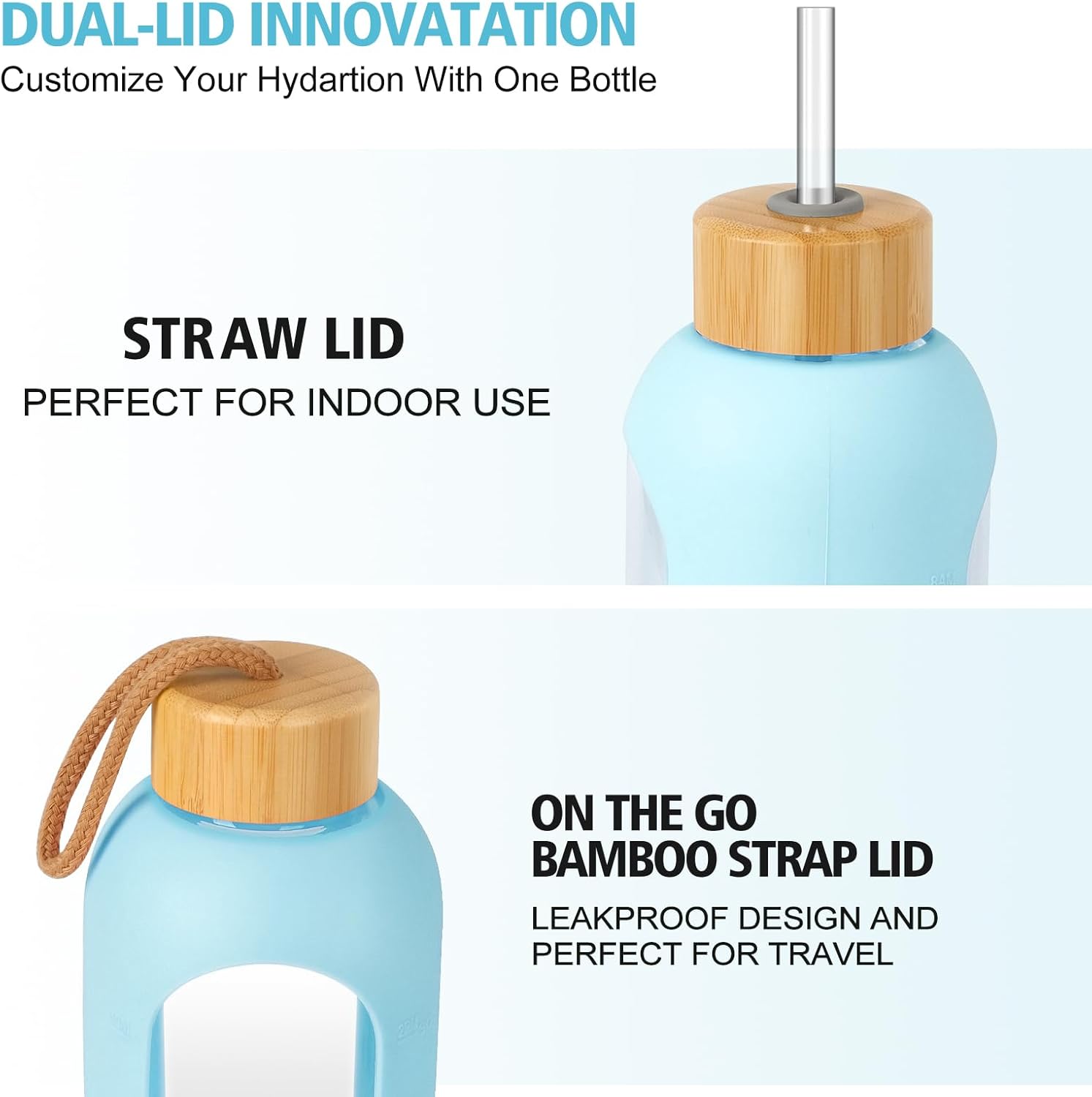 Glass Water Bottles 32 oz - Motivational Drinking Glass Water Bottle with Silicone Sleeve, Straw & 2 Bamboo Lids - 1 Liter Clear Borosilicate Daily Intake Tumbler with Time Marker - Blue - Image 3