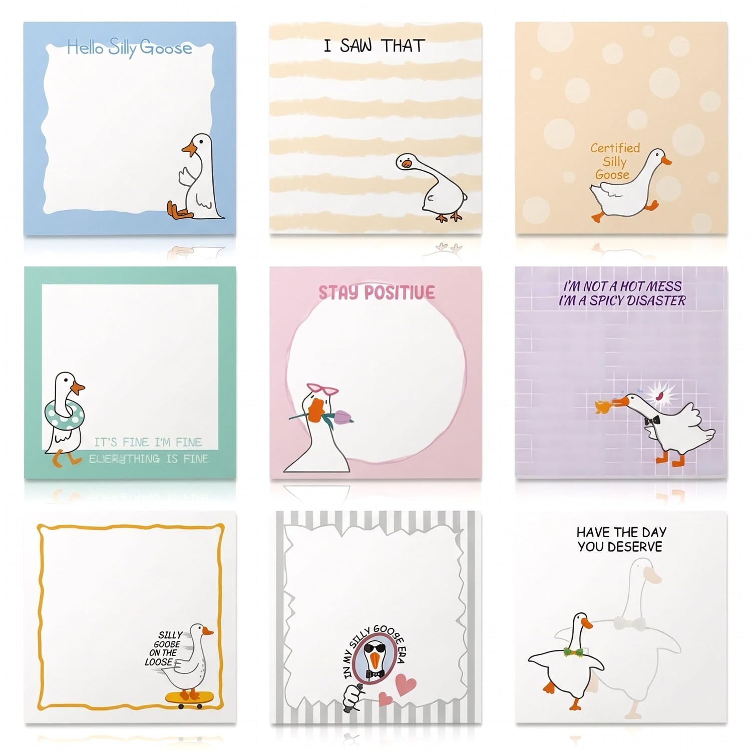 Wellrun 9Pcs Cute Silly Goose Sticky Notes,Funny Animal Memo Pads,3x3 Inch Humorous Post It Notes for Office Desk Organiser,Study Planning,Home Reminder