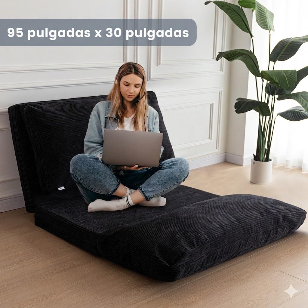 MAXYOYO Puf plegable de felpa con superficie acanalada y acolchado de espuma, extra grueso, 4 capas, colchón de suelo para adultos, funda extraíble y lavable a máquina, color negro, 75 x