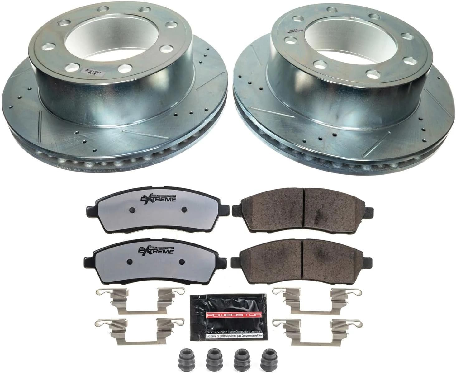 PowerStop Rear Brake Kit For Ford Excursion 2000-05 |F-250 Super Duty 1999-04 |F-350 Super Duty 1999-04 - Truck & Tow Carbon Fiber Ceramic Brake Pads + Drilled & Slotted Rotors Upgrade, K1890-36