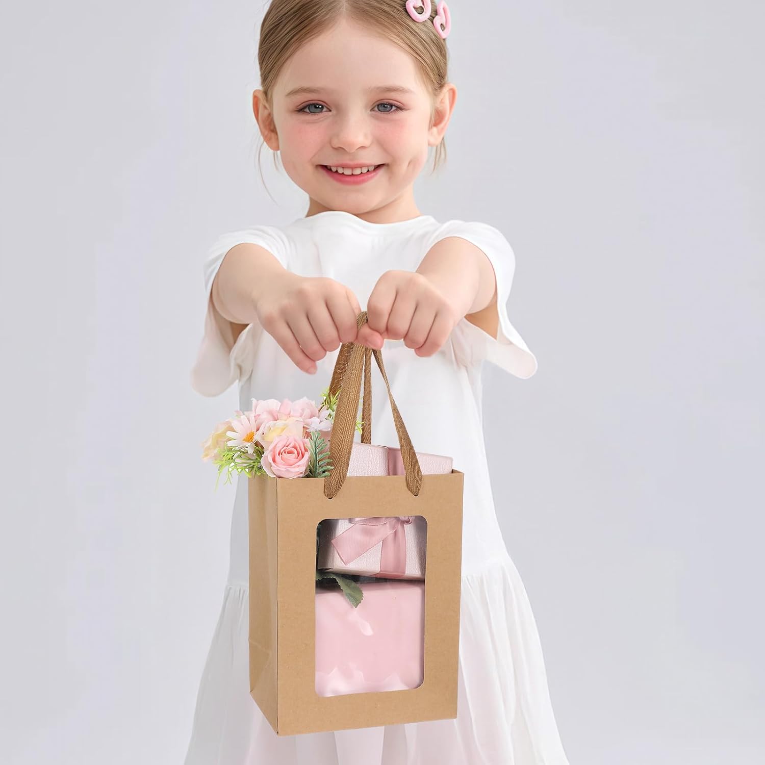 mekueeex 50 Pieces Paper Gift Bag with Transparent Clear Window 7.9 x 5.9 x 3.9 Inch Kraft Bags with Handles for Bridal Baby Shower Graduate Father Day Birthday Party Supplies(Brown)