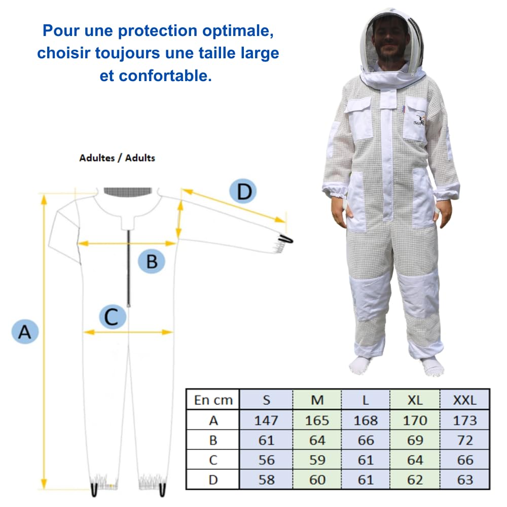 Best Bee Tuta per apicoltore ventilata e traspirante, tessuto spesso a 3 strati di altissima qualità, cerniera robusta, cappuccio rimovibile, tasche per attrezzi, tenuta per apicoltura ventilata XXL