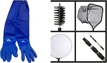 Koi Pond Cleaning Maintenance Care Kit, 4-in-1 Net Set Includes String Algae Scrubbing Brush, Skimming Net & Fish Catching Net with 6 FT Telescopic Pole Arm Pond Gloves