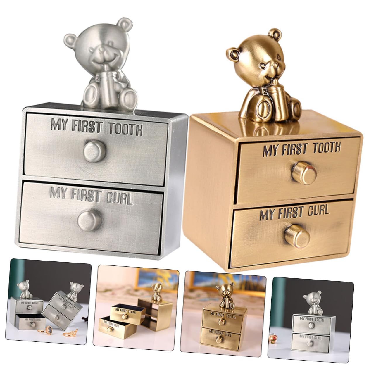 POPETPOP Caja Metálica Resistente y Multifuncional Set de 2 Piezas para Guardar Dientes de Leche y Rizos de Ñiño Adecuado para Recuerdos y Regalos