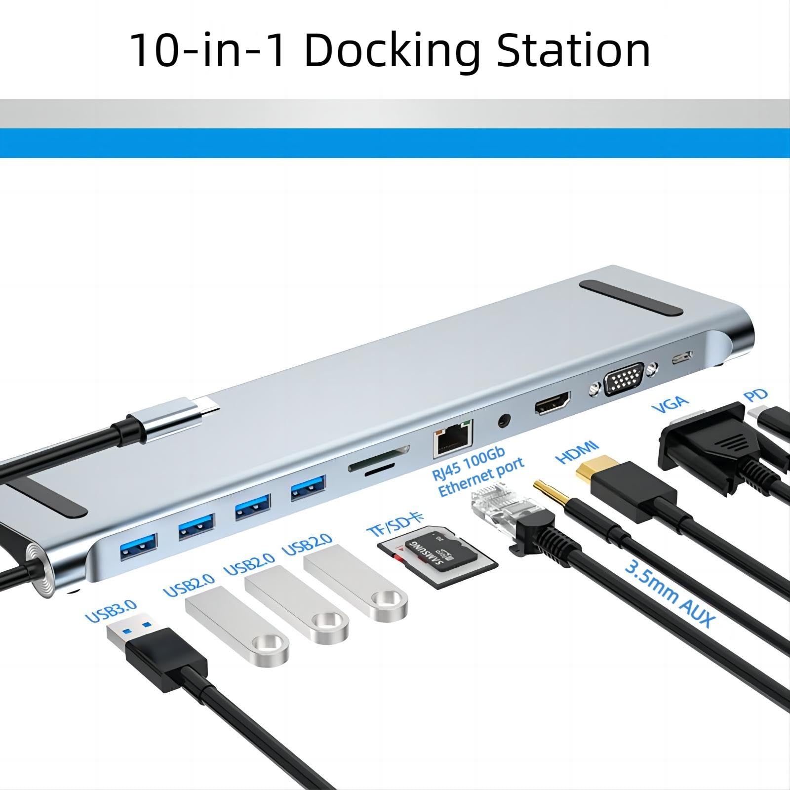 Hub USB C, stacja dokująca z adapterem 10 w 1 z 4K HDMI, VGA, typ C, 87 W PD, 5 Gb/s USB3.0, RJ45 Ethernet, czytnik kart SD/TF, AUX 3,5 mm, kompatybilna z MacBook Pro/Air, innymi urządzeniami