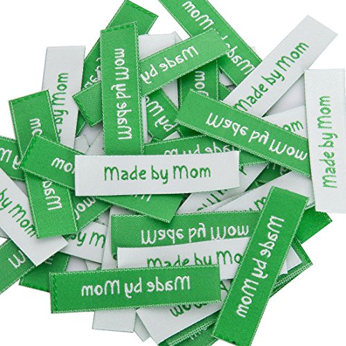 Wunderlabel Made By Mom Mother Crafting Fashion Woven Ribbon Ribbons Tag For Clothing Sewing Sew On Clothes Garment Fabric Textile Material Embroidered Label Labels Tags, Green On White, 25 Labels #TOP4