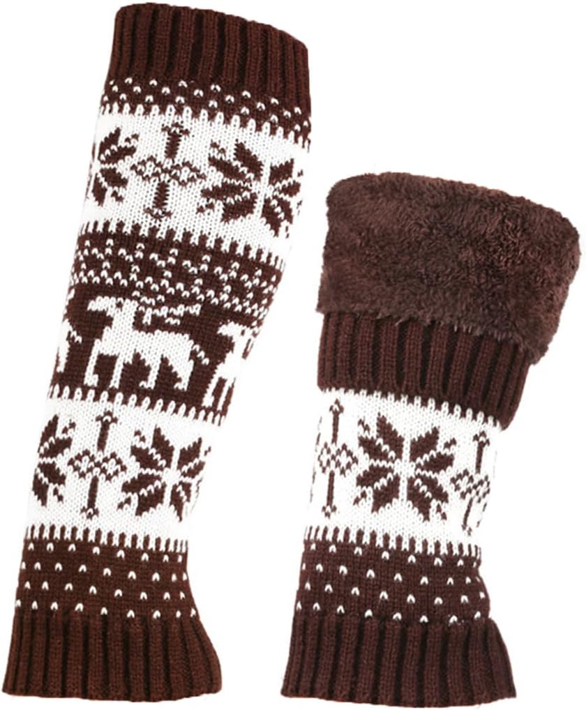 Women Fall Winter Knit Leg Warmers Christmas Snowflake Elk Print Fleece Lined Boot Cuffs Holiday Socks