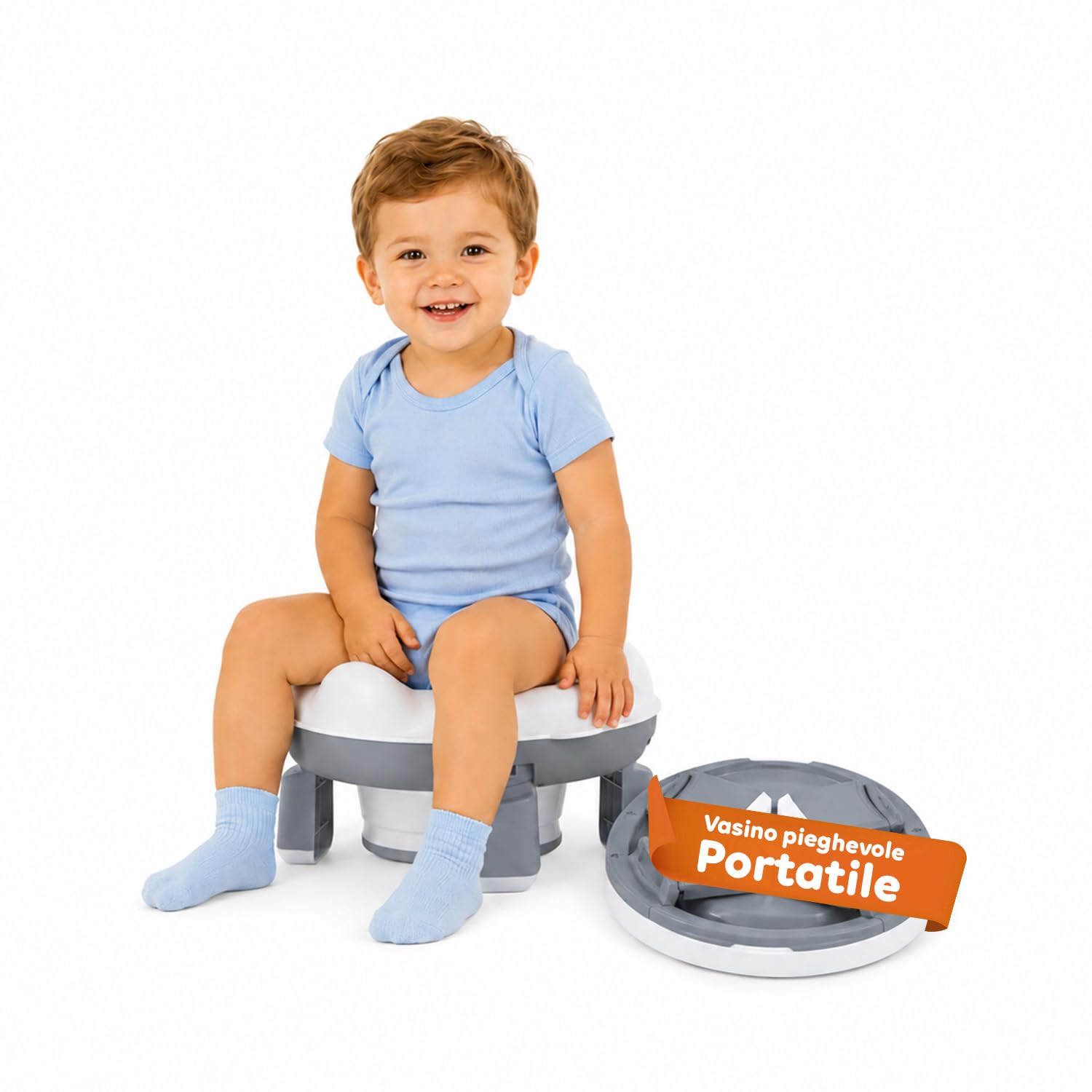 Avilia - Vasino Pieghevole Portatile per Bambini 1-3 Anni con 20 Sacchetti – Vasino da Viaggio in PP+TPR – Gabinetto Portatile Compatto L26,2xP28,5xA15 cm – Seduta Comoda e Igienica (Grigio)