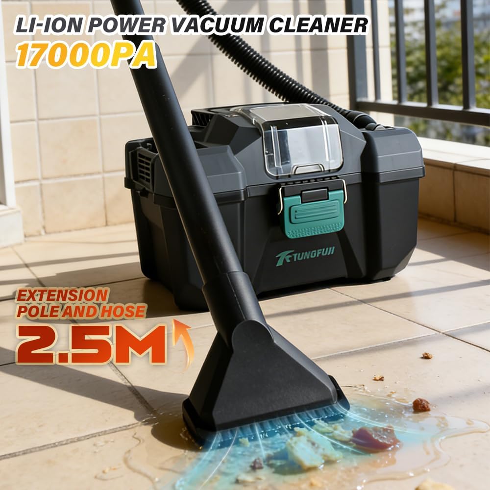 Portable Wet Dry Vacuum Cleaner, 17000PA Strong Suction Shop Vacuum, 2.5M Extended Pole, Compatible with DeWalt 20V MAX Batteries (Battery Not Included), for Workshop Garage Job Site Cleaning