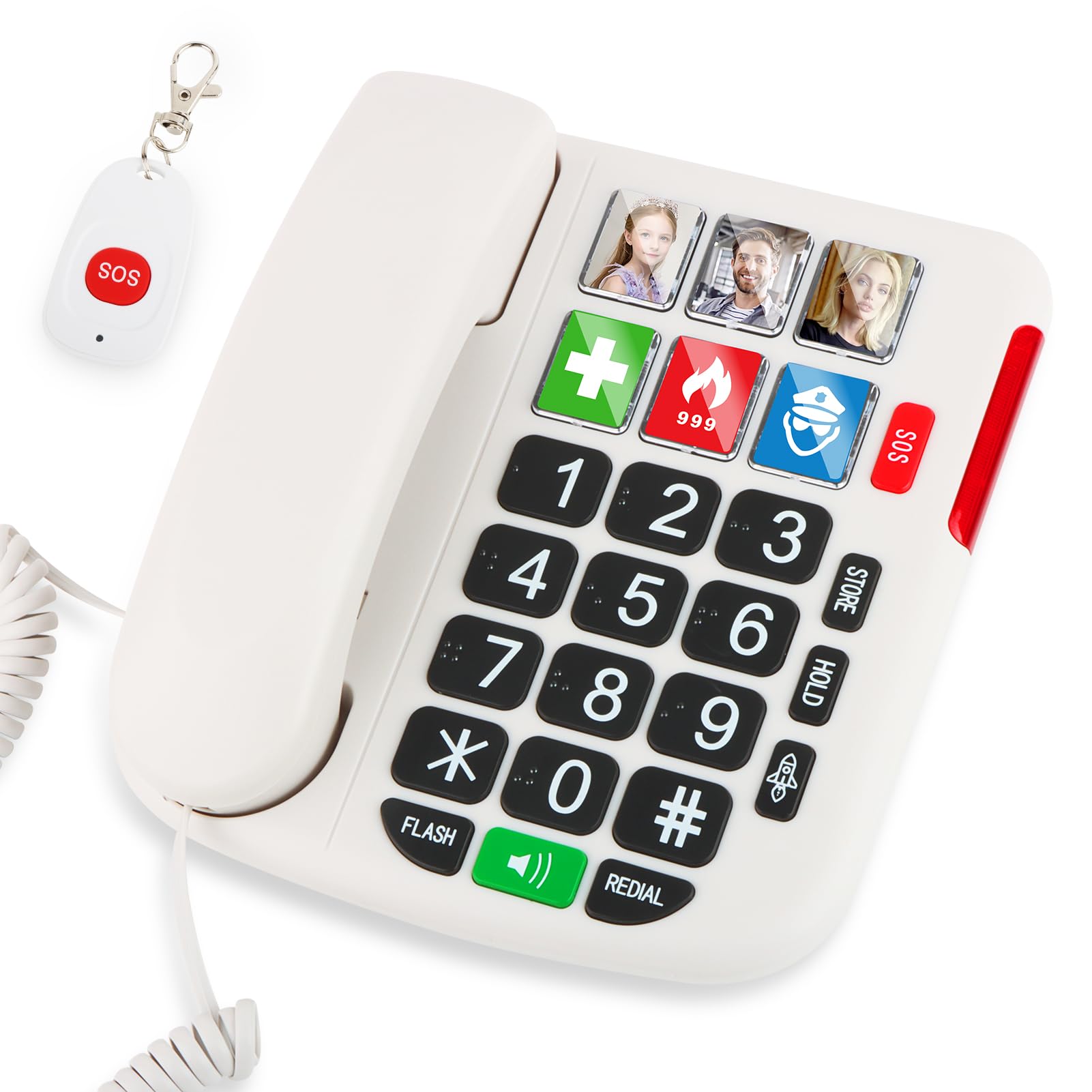 Uvital - Teléfono de botón grande con volumen fuerte, soporte de teléfono fijo de volumen ajustable y marcaciones rápidas con un solo toque, teléfono multifuncional con cable para personas mayores