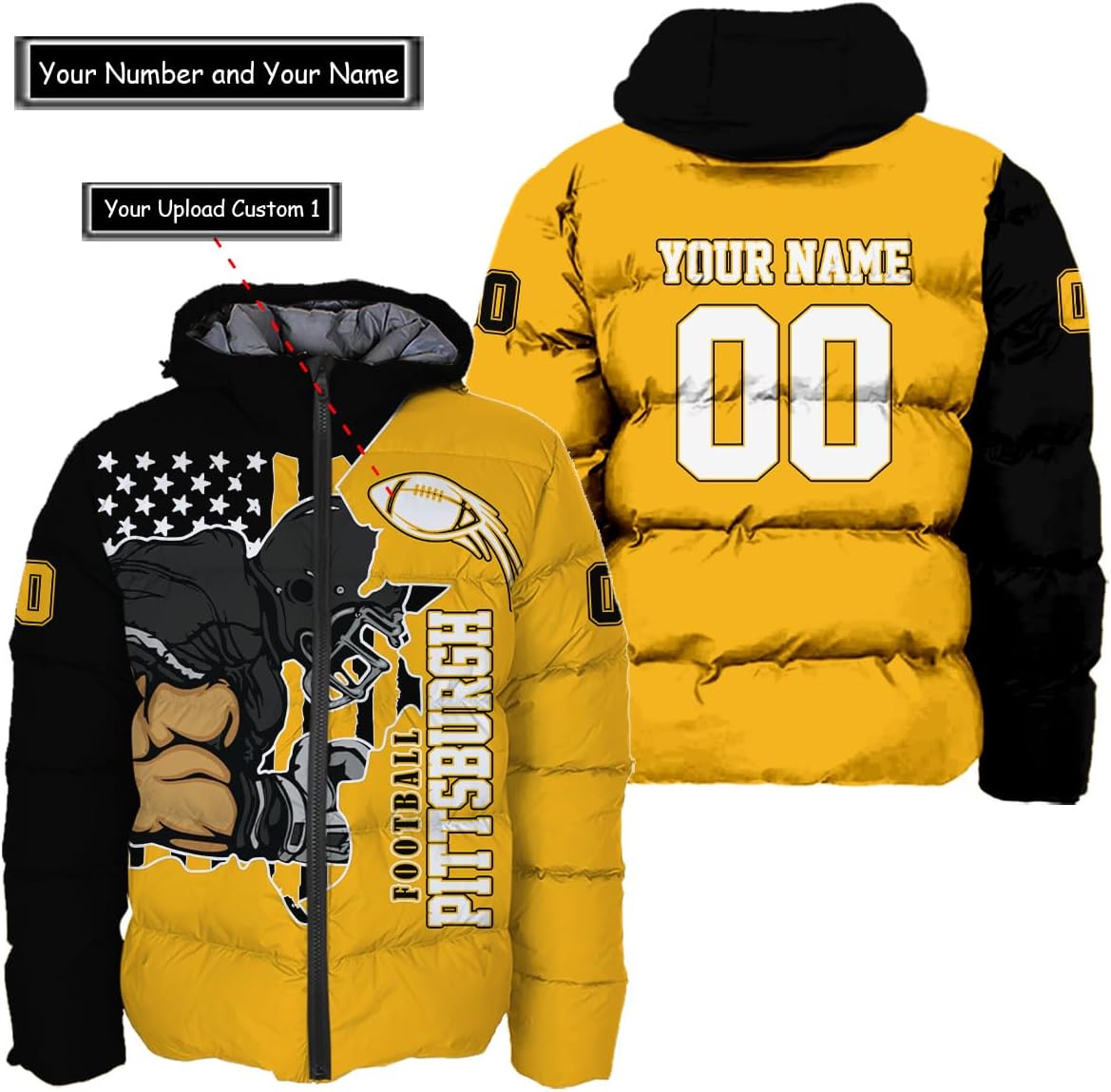 Personalized Pittsburgh Football Team Steeler Men's Hooded Puffer Jacket