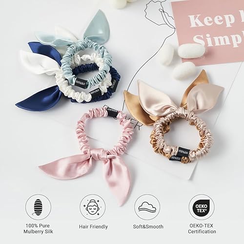Miniatura 3 de THXSILK Coleteros de seda con lazo para mujer, de seda de morera pura, lindos coleteros para niñas y mujeres, cabello grueso, rosa encantador, 2.8