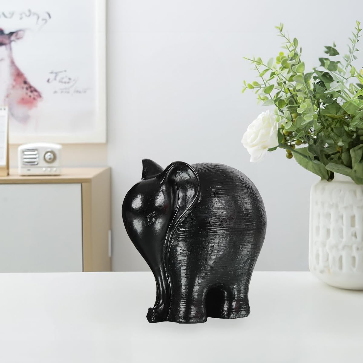 Modern Elephant Sculpture Office Desk Ornament/Bookshelf Decor/Living Room Centerpiece Minimalist Resin Home Decor (Black)