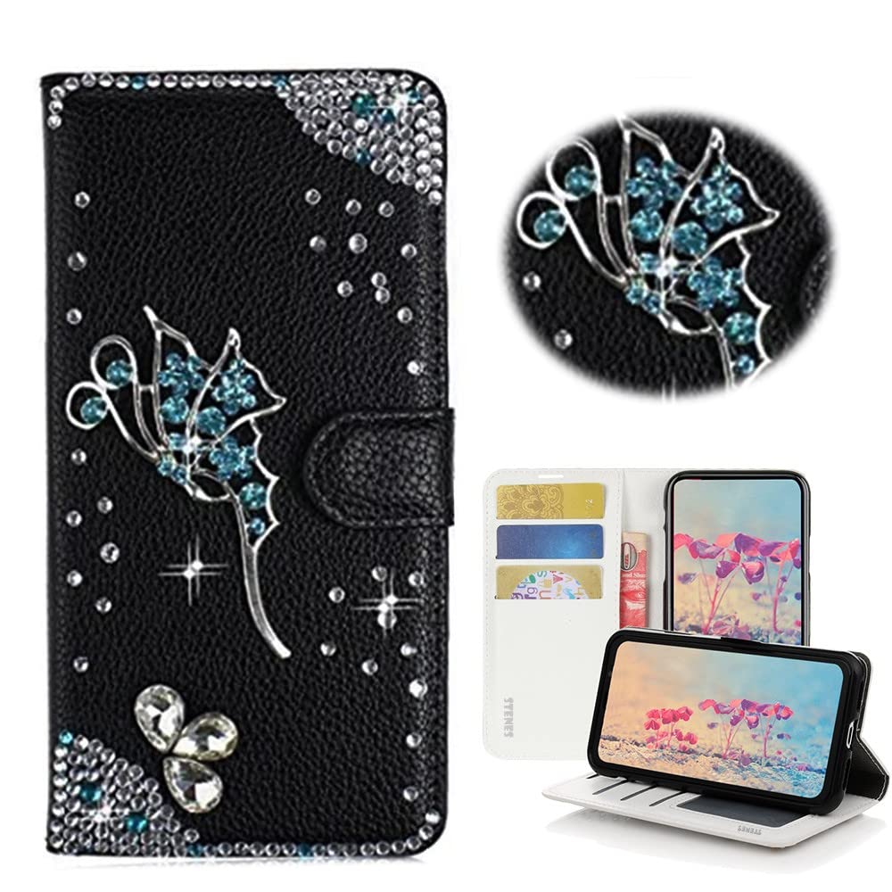 STENES Bling Wallet Phone Case Compatible with Samsung Galaxy S23 Ultra Case - Stylish - 3D Handmade Fairy Design Magnetic Wallet Stand Leather Cover Case - Black