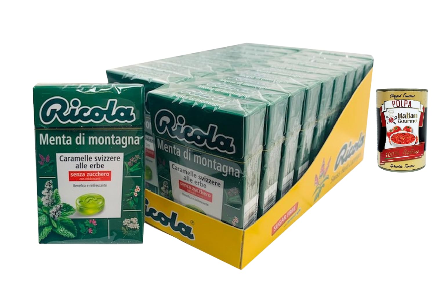 Italian Gourmet Schweizer Kräuterbonbons Bergminze ohne Zucker – 20x50g Vorratspack – Alpenkräuter Bonbons mit Minze, erfrischend für Hals & Atem, Großpackung + Italian Gourmet polpa