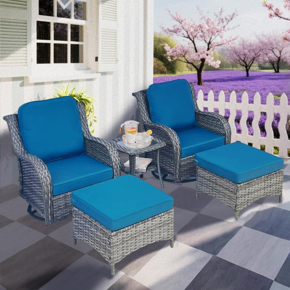 Wicker Patio Furniture Set - 5 Piece Rattan Outdoor Sectional Conversation Sets with 2 Swivel Rocking Chairs,2 Ottomans and 1 Side Table for Porch Deck Garden