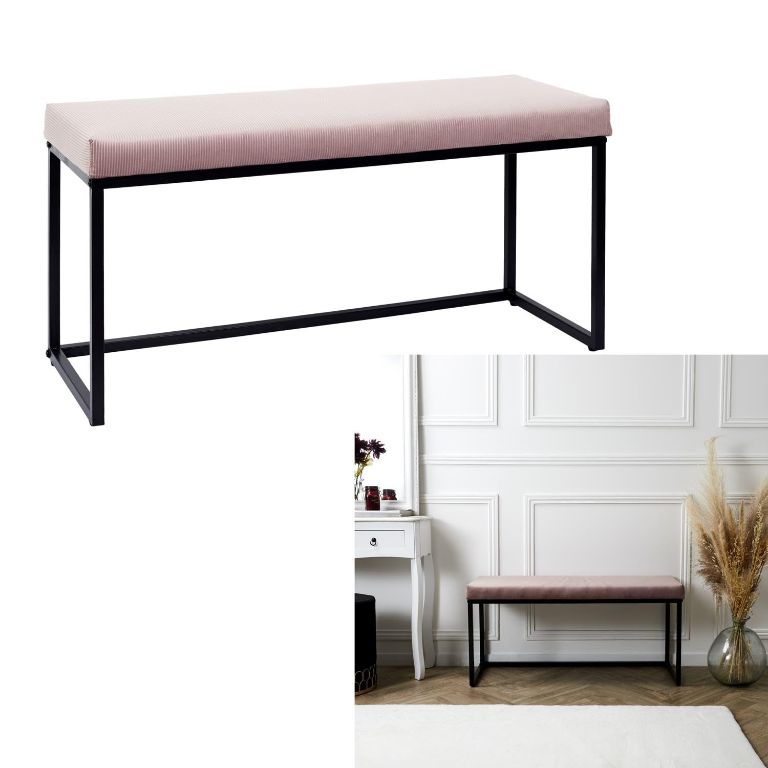 HOME DECO FACTORY - Banc d'entrée en Velours côtelé Rose - Design scandinave - idéal pour Salon - Chambre ou Couloir - Dimensions 100 x 39 x 49 cm. - Modèle Giulia