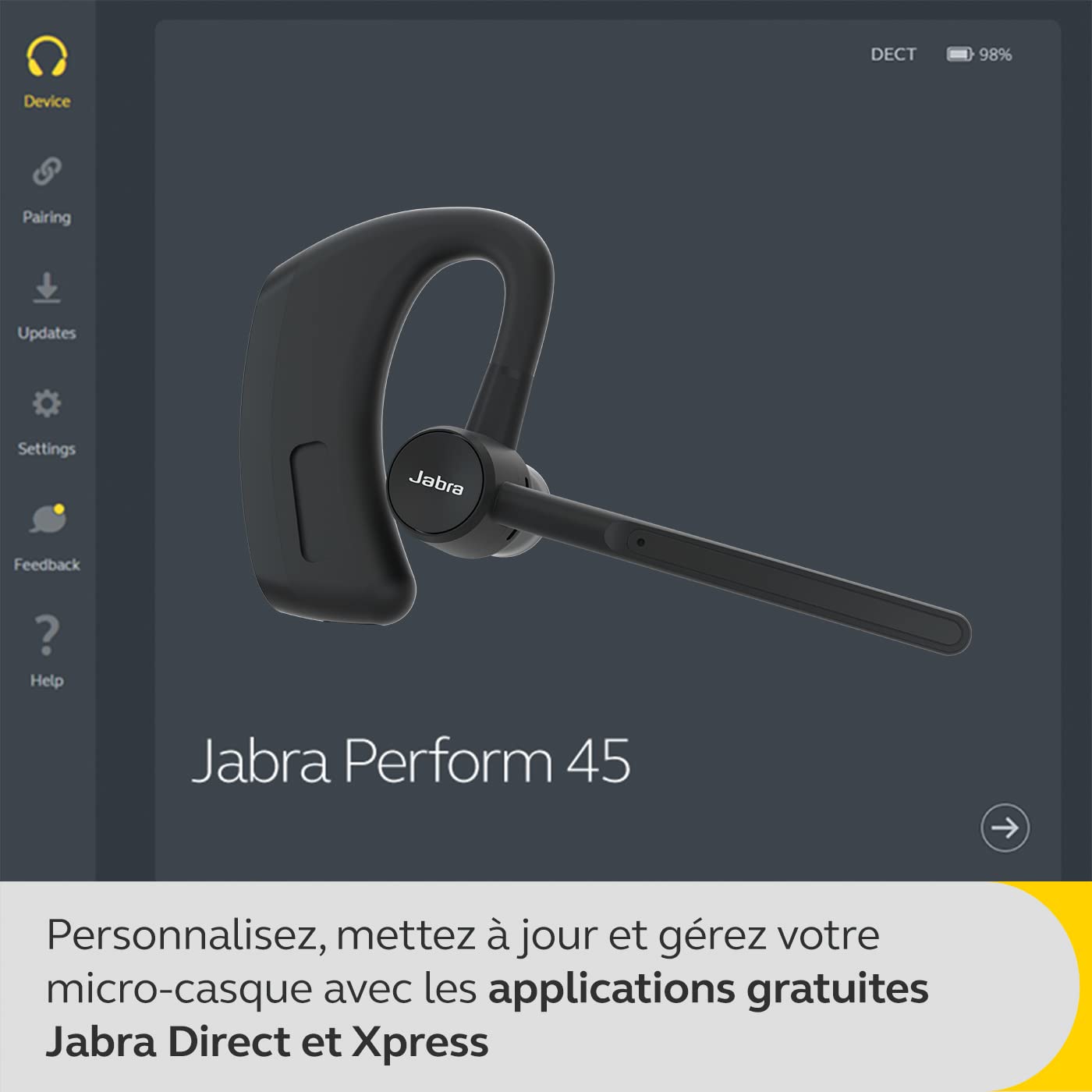 Jabra Perform 45 - Micro-Casque Mono Bluetooth à EarHook avec Microphone à Ultra Annulation du Bruit avancé, Fonction Push-to-Talk (PTT) et Mode Face2Face - Design Discret, Noir
