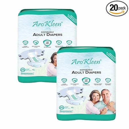 ARO KLEEN ( ISI CERTIFIED ) Premium Adult Diaper With Odour Lock & Anti-Bacterial Absorbent Core | Tape Style | Bigger Cotton Core | Laminated Back Sheet | Wetness Indicator- LARGE SIZE ( L ) (102-150 CMS || 40