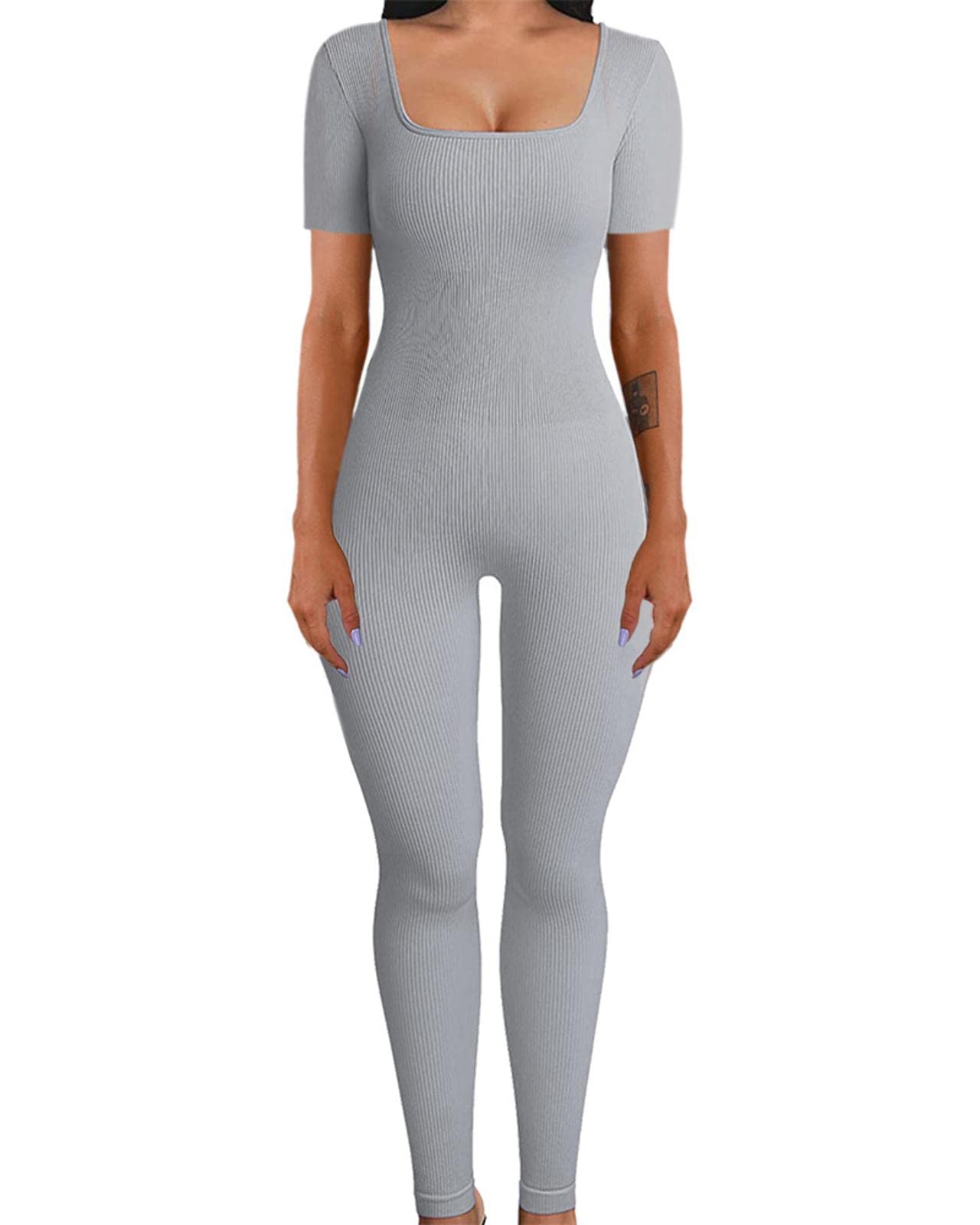 HanzhuoLG Mono Deportivo De Moda Para Mujer, Mono De Yoga Para Fitness, Mono De Manga Corta Ajustado Acanalado De Color Liso Hipster Callejero