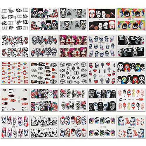 25 Sheets Halloween Nail Art Decals Stickers, MWOOT Water Transfer Grimace Skull Eye Full Wrap Stickers Set for DIY Nail Tips - Image 6
