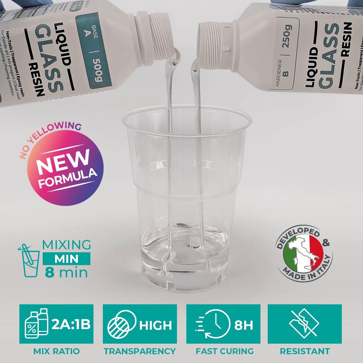 Resina epossidica trasparente, effetto vetro - Perfetta per bricolage, gioielli e modellismo. Colorabile e facile da usare - Liquid Glass Resin (750 gr)