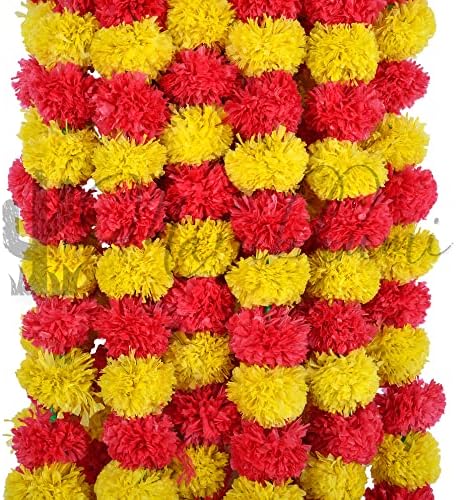 Marubhumi 5 Pcs of 4.5 Feet Long Strands Artificial Marigold Flowers Garland for Diwali Decor, Traditional Indian Decor, Marigold Garland for Decoration, Diwali Decorations for Home, Christmas Decor