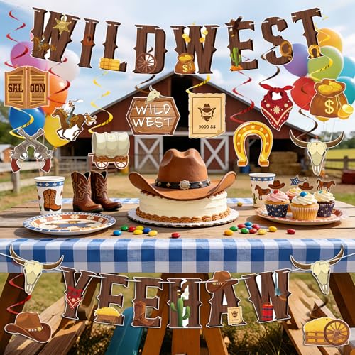Image of Hooqict Happy Birthday Banner Western Party Decorations Cowboy Banner with Hanging Swirls Ceiling Streamers for Boys Men Western Themed Birthday Decorations Wild West Country Party Supplies