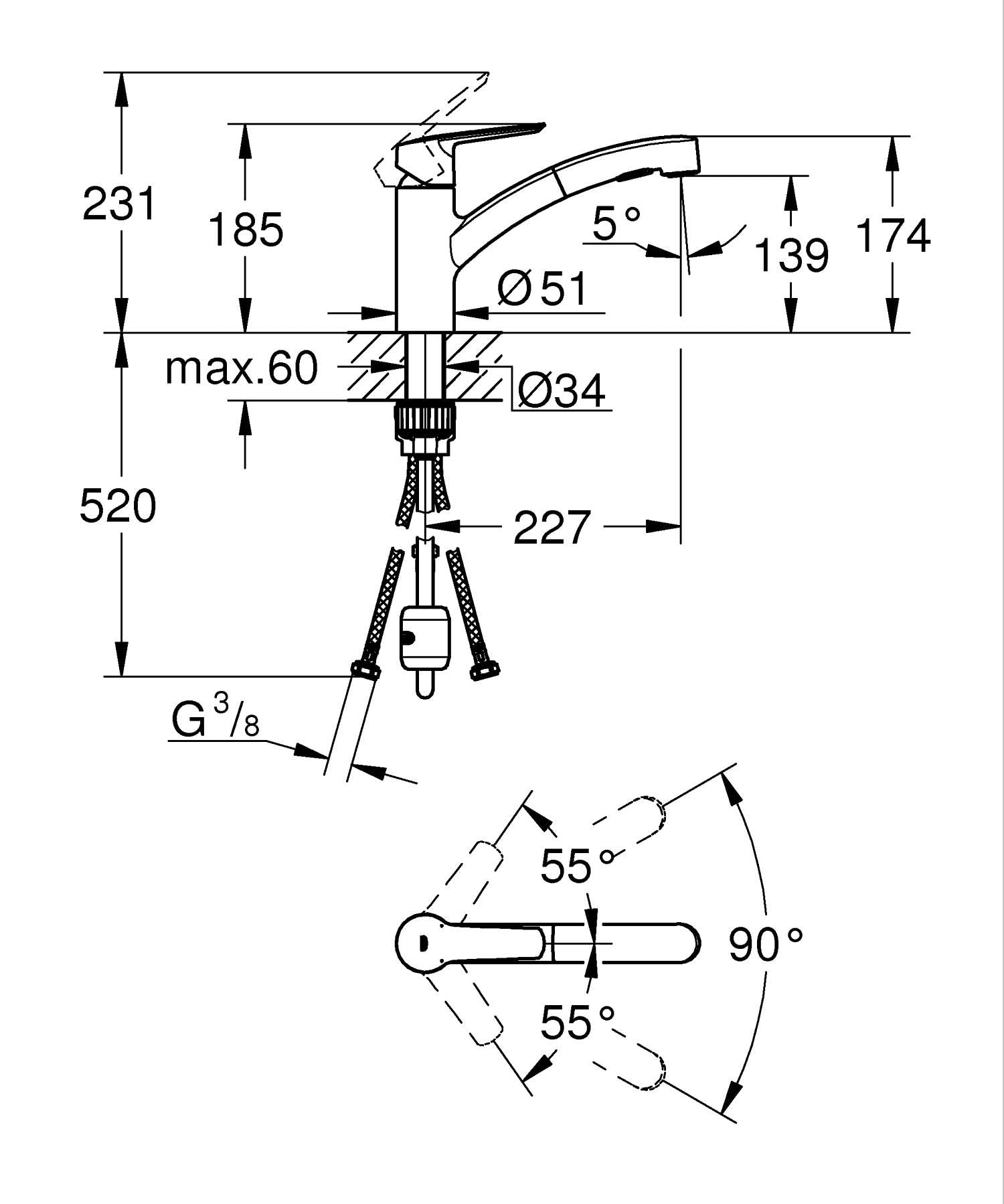 GROHE QUICKFIX Start Robinet de Cuisine évier, Douchette extractible, Inverseur 2 jets, Rotation 90°, Chromé