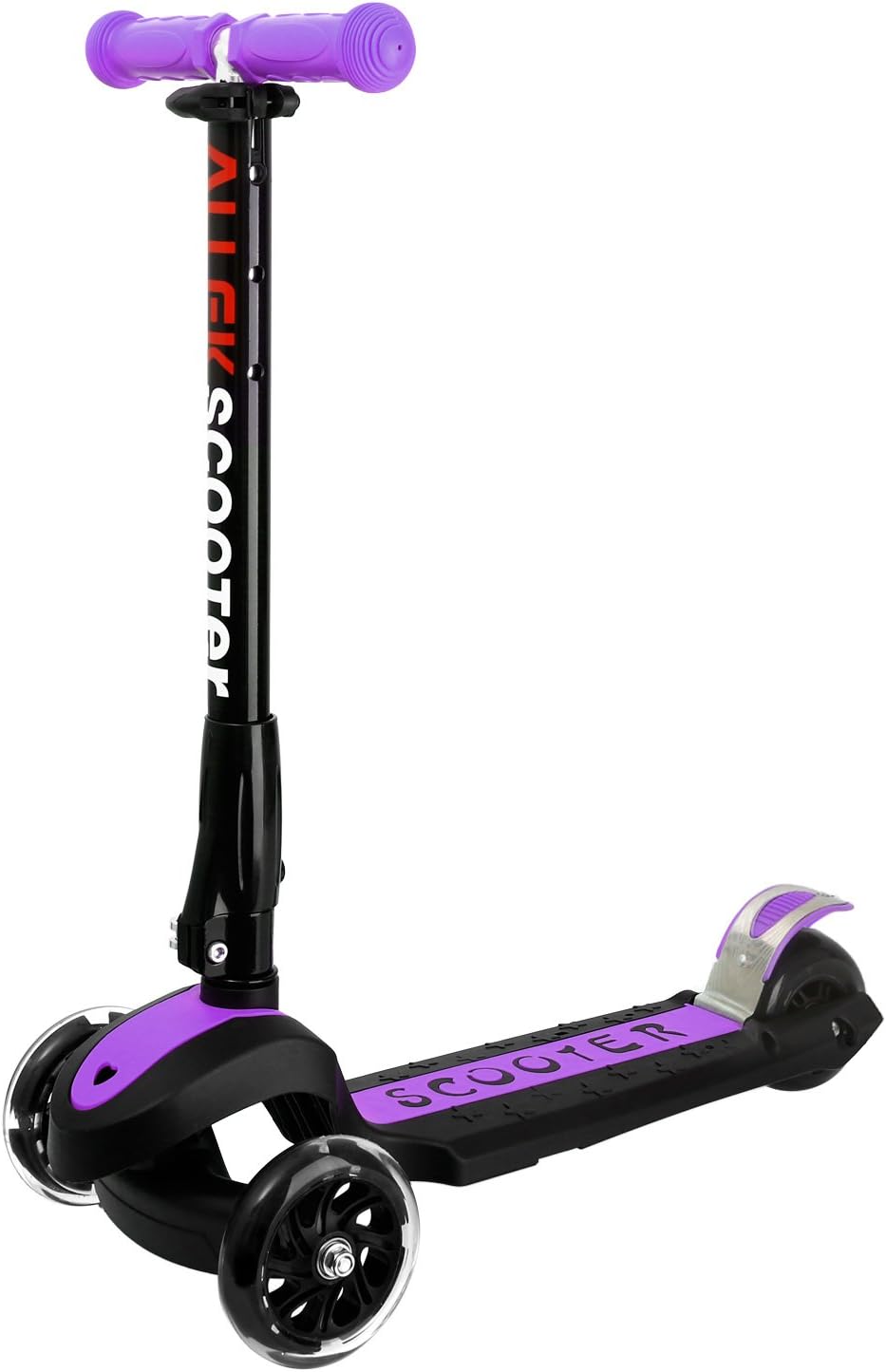 Allek Scooter, 3 Wheel Adjustable Height PU Flashing Wheels Kick Scooter for Kids with Patented Folding System Best Gifts for Children from 3 to 17 Year-Old (Purple)