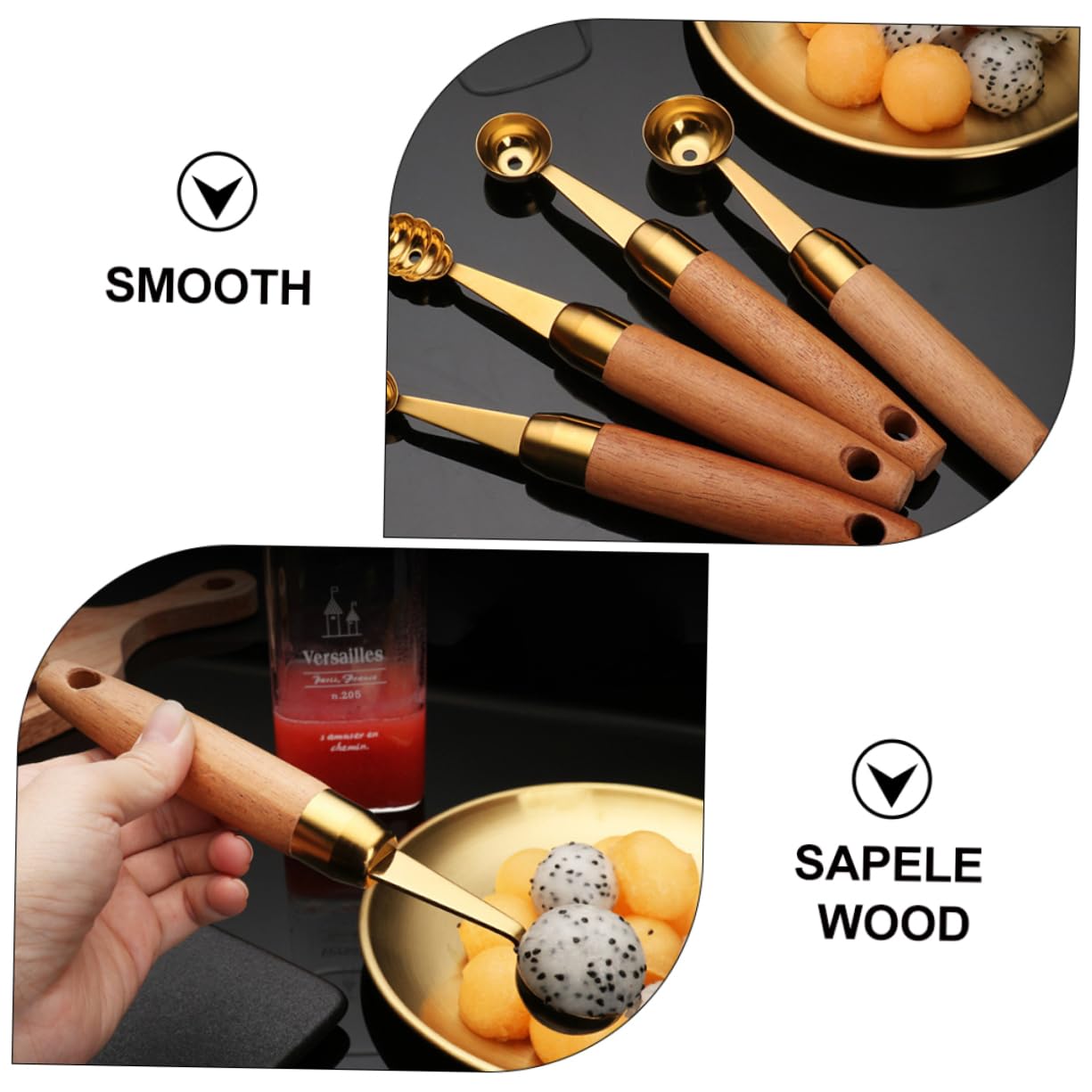 Garneck 2pcs Wooden Handle Fruit Spoons Melon Baller for Watermelon Ice and Fruits and Sapele Kitchen Tools