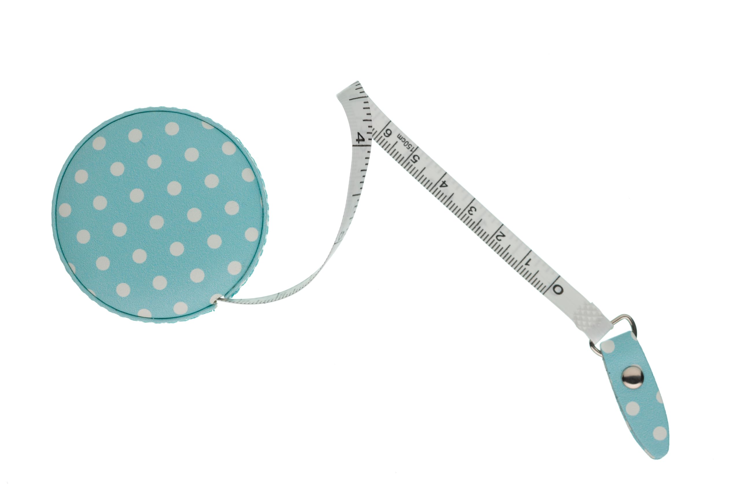 The Quilted Bear Polka Dot Retractable Tape Measure with Double Sided Metric & Imperial Measuring Tape for Sewing, Tailors or Body Measuring 150cm/60 (Blue Polka Dots)