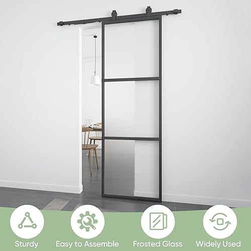 Miniatura 2 de BARNSMITH Puerta de granero de vidrio esmerilado de 28 x 84 pulgadas con kit de herramientas montadas en la parte superior de 6 pies, incluye