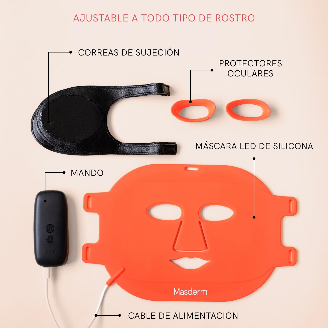Tratamiento LED Facial Antimanchas y Antiedad MASDERM – Sérum Trifásico 100 ml con Vitamina C, E, Aloe Vera, Rosa Mosqueta y Argán + Máscara LED Profesional de Fototerapia para Rejuvenecimiento de Car
