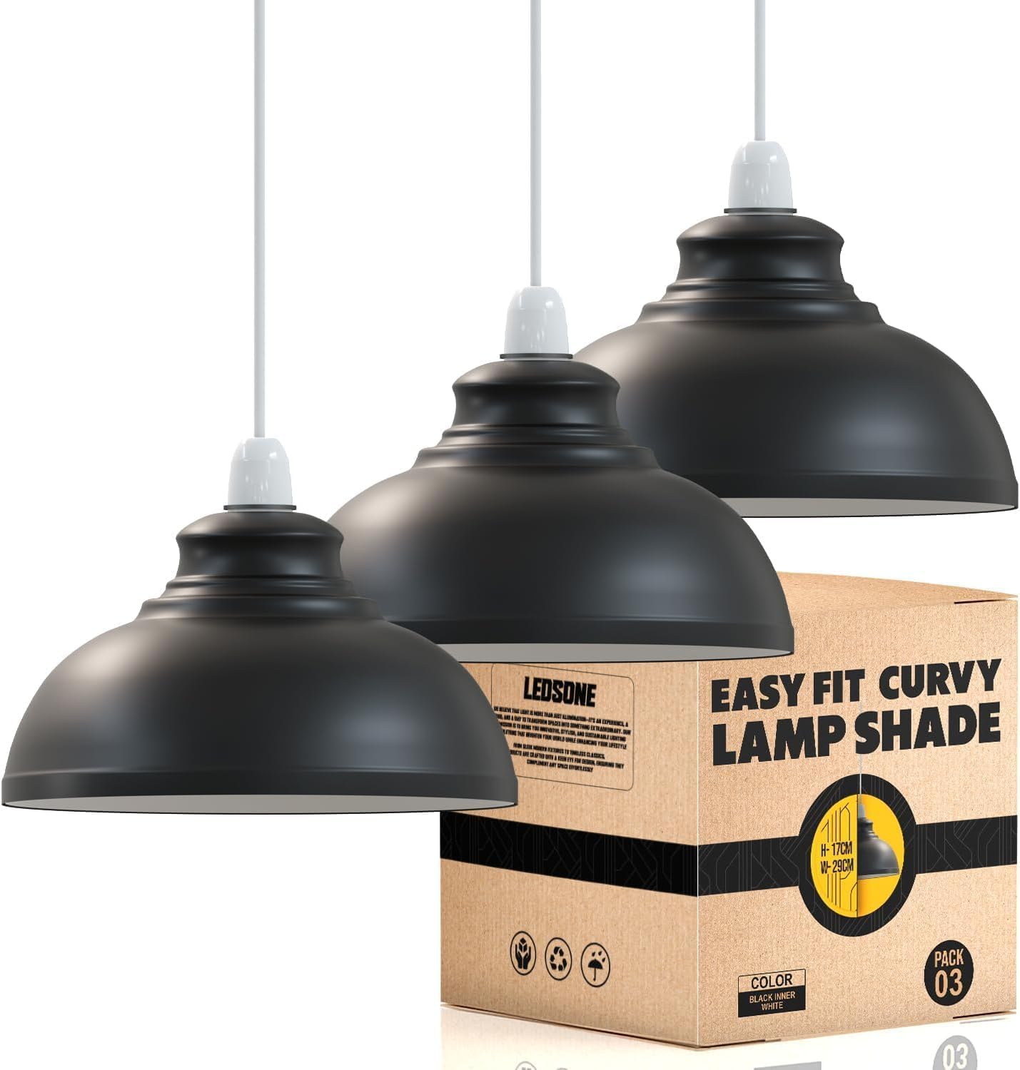 LEDSONE 3 Pack of Ceiling Light Shade, Vintage Metal 29cm Curvy Shaped Lamp Shades Easy fit Ceiling Pendant Lightshade for Living Rooms bedrooms Kitchen Dining Room Restaurant — image 1