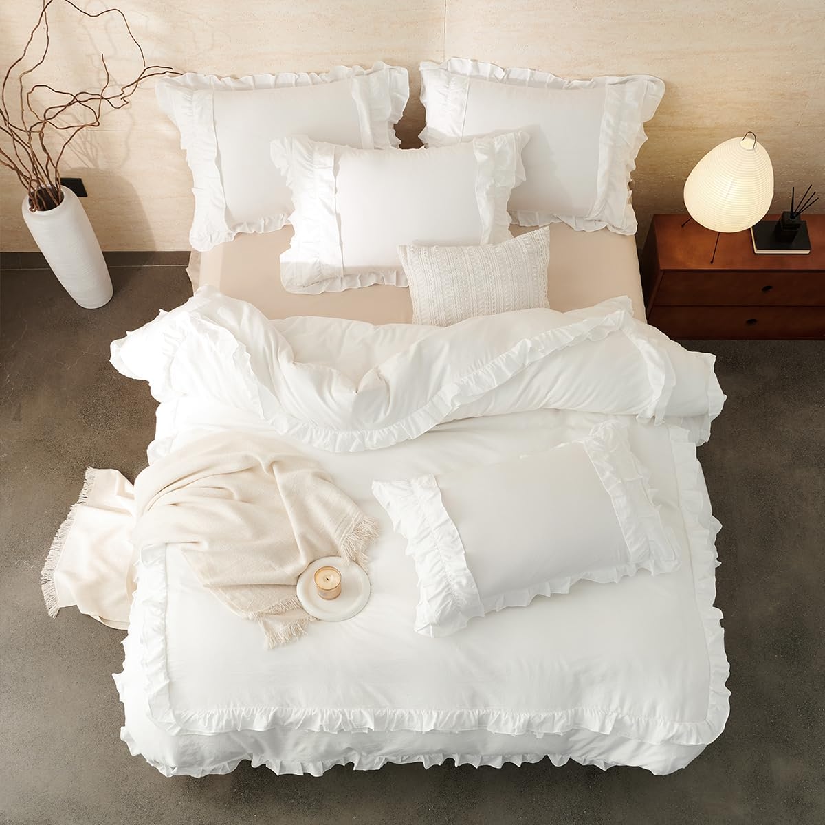 Full Size White Ruffled Microfiber Duvet Cover Set