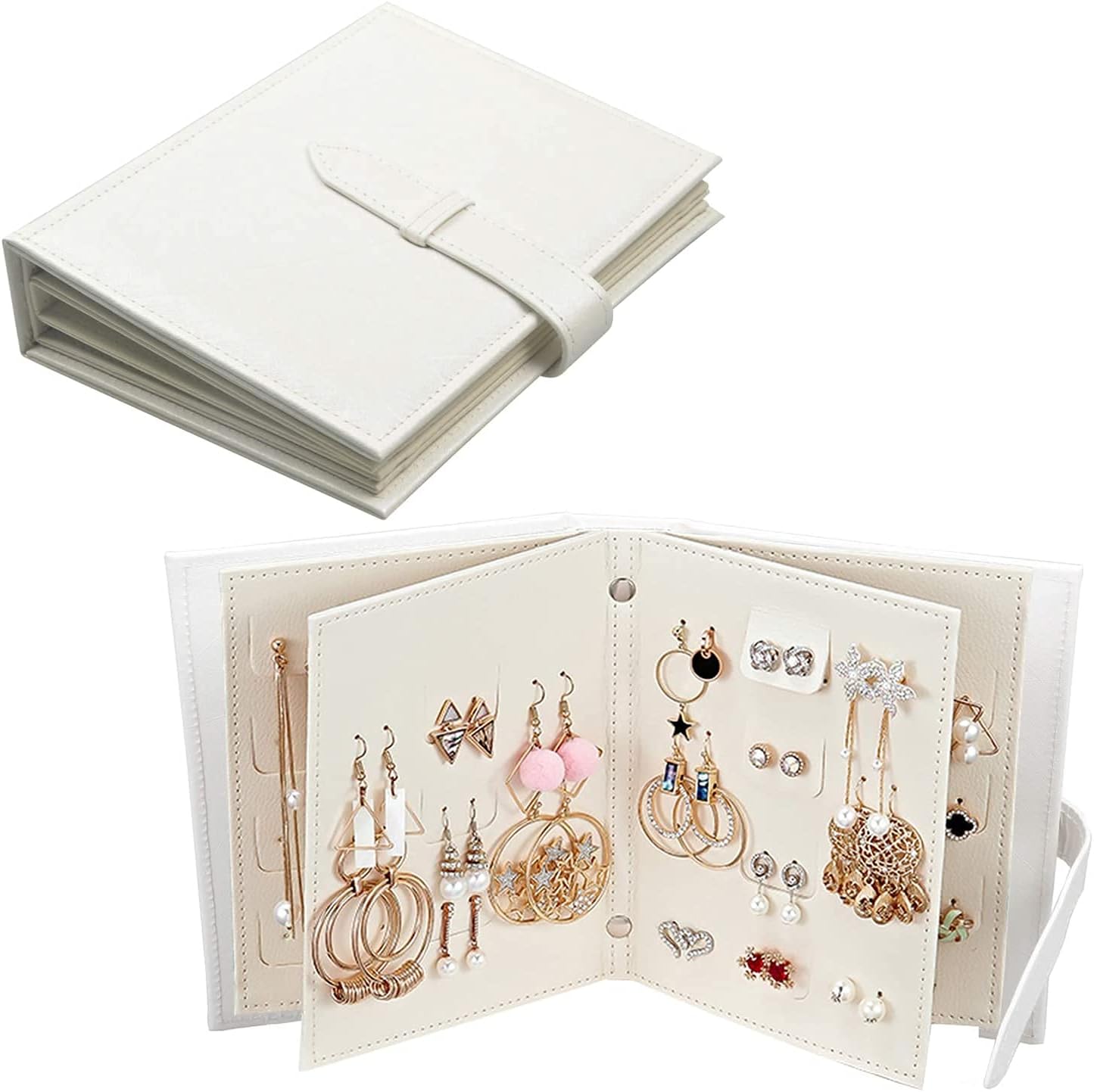 Earring Book Organizer, Portable Earring Holder Case Pu Leather Travel Earring Case with Foldable Book Design (White)