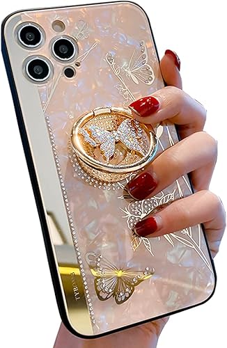 Funda para iPhone 1212 Pro, bonito espejo de concha de caracola, mariposa 3D floral con pedrería de diamante, elegante funda protectora para niñas y