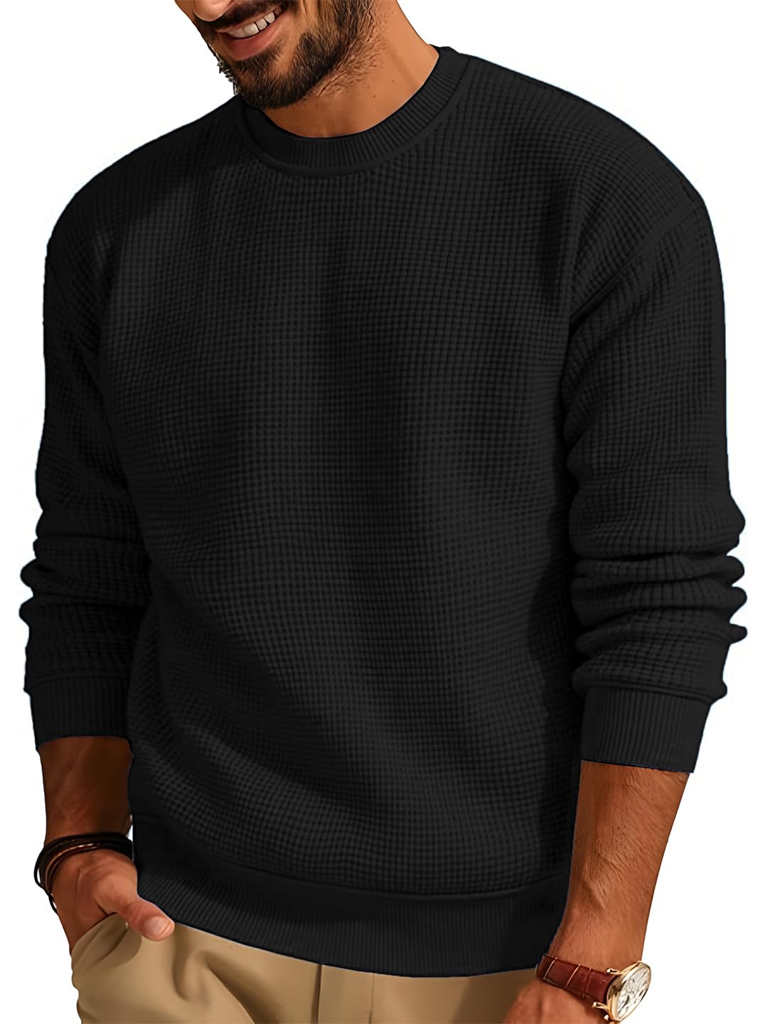 tysort Men's Waffle Knit Round Neck Full Sleeve Sweaters Crew Neck Sweater-picture-15