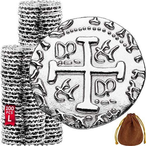 Metal Pirate Coins - 100 Large Silver Treasure Coin Set, Metal Replica Spanish Doubloons for Board Games, Tokens, Toys, Cosplay - Realistic Money Imitation, Pirate Treasure Chest - Diameter: 1.06"