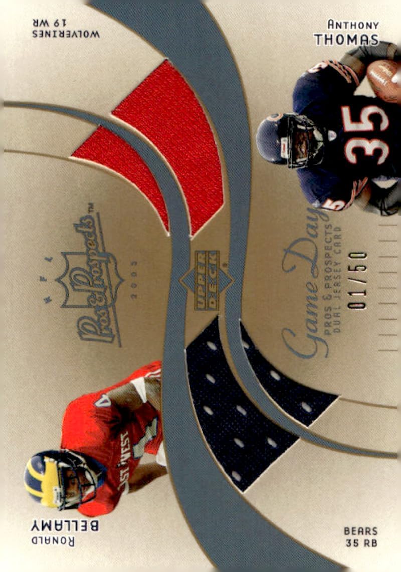 2003 Upper Deck Pros and Prospects Game Day Jersey Duals Gold 50#DJCBT Anthony Thomas/Ronald Bellamy Bears Football Card (Memorabilia Piece or Relic) /50 NM-MT