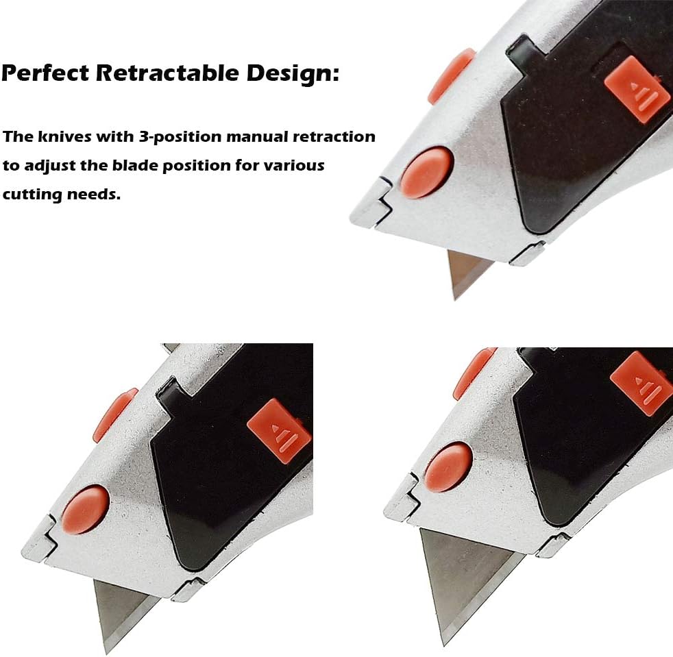 Razor Utility Knife, Heavy Duty Auto-Load Box Cutter with Quick Change Blade Mechanism, Ergonomic Retractable 3 Position Blade Locking Saddle,No Slip Rubber Grip Handle (3 Pack,15 Blades)